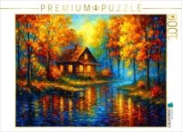 Puzzle &middot; Haus am Fluss im Herbst | Farbenfrohes Gem&auml;lde &middot; 1000 Teile &middot;