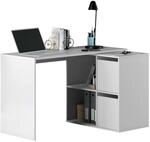 Modularer Schreibtisch mit vier niedrigen Regalen, von denen zwei durch zwei