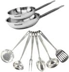 Fackelmann 2er-Set Pfannen aus Edelstahl 18/8, 24 und 28 cm, mit 6 Utensilien,...
