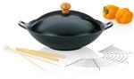 kela Gusseisen Wokpfanne mit Deckel 36 cm ASIA, Wokset mit D&uuml;nstrost, St&auml;bchen,