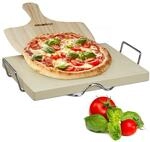 Relaxdays Pizzastein Set 3 cm St&auml;rke mit Metallhalter und Pizzaschieber aus...