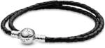 PANDORA Moments doppeltes Schwarzes Lederarmband mit gepr&auml;gtem Kugelverschluss aus