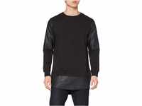 Urban Classics Herren Long Zipped Leather Imitation Crewneck Sweatshirt, Schwarz