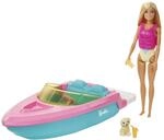 Barbie Speedboat Set, Barbiepuppe mit blonden Haaren, rosa Schwimmweste, Boot, Welpe,