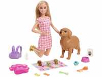 Barbie Newborn Pups Playset, Puppe mit blonden Haaren, Hundeset, inkl. 3...