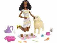 Barbie Newborn Pups Playset, schwarze Barbie-Puppe mit Barbie-Hund-Set, inkl. 3