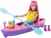 Barbie Camping Serie, Barbie-Puppe mit rosa Haaren, Kajak, Welpe, Schwimmweste,