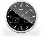 MEBUS Quarz-Wanduhr mit Thermometer und Hygrometer/silberner Rahmen/schwarzes