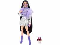 Barbie HHN07 - Extra Puppe (Schwarze Haare) mit lila Flausch-Kragen und...