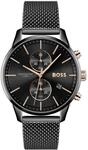 BOSS Chronograph Quarz Uhr f&uuml;r Herren mit Schwarzes Edelstahl-Mesh-Gliederarmband -