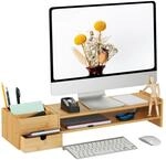 Relaxdays Monitorst&auml;nder, Bambus, Schublade & 5 F&auml;cher, HxBxT: 13 x 70 x 19...