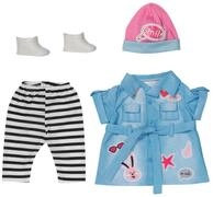BABY born Deluxe Jeans Kleid, Puppenkleid mit gestreifter Leggings, rosa M&uuml;tze und