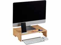 Relaxdays Monitorständer Bambus, 3 Fächer, Bildschirmerhöhung Schreibtisch,