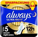 Always Ultra Secure Night Damenbinden (Gr&ouml;&szlig;e 5) mit Fl&uuml;geln 64 St&uuml;ck, Super