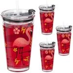 Relaxdays Trinkgl&auml;ser 4er Set, Flamingo-Motiv, Deckel & Strohhalm, 450 ml,
