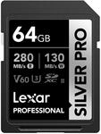 Lexar SILVER PRO SD Karte 64GB, UHS-II SD Speicherkarte, V60, U3, C10, bis zu 280MB/s