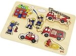 goki 57907 - Steckpuzzle Feuerwehr aus Holz - 8 Teile, Realistische Farben