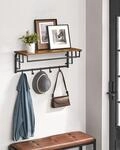 VASAGLE Wandgarderobe, Wandregal mit Haken, L&auml;nge 66 - 80 cm