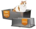 Lucky-Kitty Katzentoilette XXL (Edelstahl Natur) + Haube (Schwarz transparent)