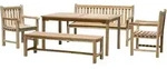 M&ouml;bilia Sitzgruppe 2 x Armlehnst&uuml;hle + 2 x B&auml;nke + 1 Tisch Teak natur