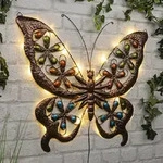Solar Schmetterling mit warmwei&szlig;en LEDs, Wandbild aus Metall, Wanddeko