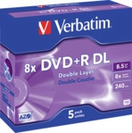 VERBATIM 43541 DVD+R Double Layer 8.5GB 8X 5PK Jewel Case Matt Silver Rohling
