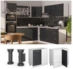 Vicco Eckunterschrank R-Line Schwarz Beton Wei&szlig; 86 cm mit Arbeitsplatte Eiche