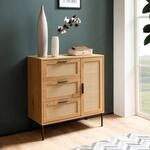 Kommode in Eiche Dekor 80 cm Sideboard mit 3 Schubladen & 1 T&uuml;r aus Wiener Rattan