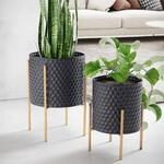 Blumentopf FineBuy Pflanzenk&uuml;bel 2er Set Metall Schwarz Gold Rund Pflanzgef&auml;&szlig;