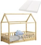 Juskys Kinderbett Marli 80 x 160 cm mit Matratze, Gitter, Lattenrost & Dach - Bett