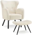 tectake&reg; Sessel mit Hocker, dick gepolstert, mit Boucl&eacute;-Bezug, runde,