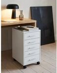 Rollcontainer Holz 5 Schubladen Schmal Mit Rollen, Wei&szlig; 33x38x63 cm