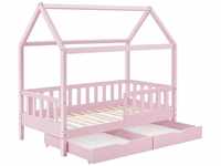 Juskys Kinderbett Marli 90 x 200 cm mit Bettkasten, Gitter, Lattenrost & Dach - Holz