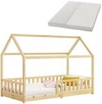 Juskys Kinderbett Marli 90 x 200 cm mit Matratze, Gitter, Lattenrost & Dach - Bett