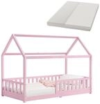 Juskys Kinderbett Marli 90 x 200 cm mit Matratze, Gitter, Lattenrost & Dach - Bett