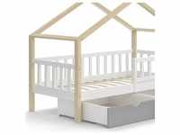 VitaliSpa, Kinderbett, Hausbett Design, Weiß/Naturholz, 80 x 160 cm mit Schubladen