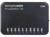 RealPower Power Station 120W (10 USB-Ports) (120 W), USB Ladegerät, Schwarz