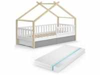 VitaliSpa, Kinderbett, Hausbett Design, Weiß/Naturholz, 90 x 200 cm mit Schubladen