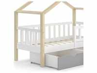 VitaliSpa, Kinderbett, Hausbett Design, Weiß/Naturholz, 70 x 140 cm mit Schubladen