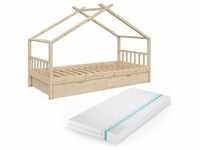 VitaliSpa, Kinderbett, Hausbett Design, Naturholz, 90 x 200 cm mit 2 Schubladen und