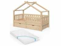 VitaliSpa, Kinderbett, Hausbett Design, Naturholz, 80 x 160 cm mit 2 Schubladen und