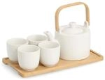 Zeller Tee-Set Steingut/Bambus wei&szlig; 6-teilig 33,5 x 14 x 17 cm