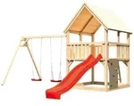 Akubi Kinderspielturm Luis mit Doppelschaukel, Kletterwand und Wellenrutsche rot