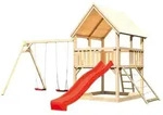 Akubi Kinderspielturm Luis mit Doppelschaukel, Netzrampe und Wellenrutsche rot