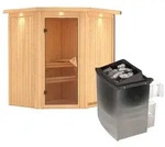 Karibu Sauna Taurin mit Eckeinstieg 68 mm-9 kW Ofen integr. Steuerung-inkl. Dachkranz
