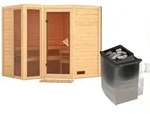 Karibu Sauna Amara-Massivholzsauna 40mm -Eckeinstieg - Exklusivoptik-9 kW Ofen