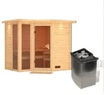 Karibu Sauna Amara-Massivholzsauna 40mm -Eckeinstieg - Exklusivoptik-9 kW Ofen