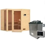 Karibu Sauna Amara-Massivholzsauna 40mm -Eckeinstieg - Exklusivoptik-9 kW Ofen mit