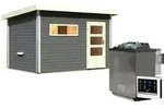 Karibu Saunahaus Skrollan 2 mit Vorraum terragrau-9 kW Bio-Kombiofen inkl.