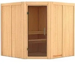 Karibu Sauna Jarin mit Eckeinstieg 68 mm-Ohne Ofen-ohne Dachkranz-Ganzglast&uuml;r in